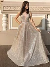 Sequined V-neck Princess Floor-length Prom Dresses #UKM020106548