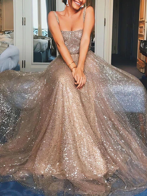 Glitter Square Neckline A-line Floor-length Prom Dresses #UKM020106553