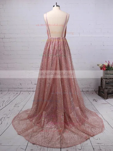 A line V neck Glitter Sweep Train Ruffles Prom Dresses MillyBridal