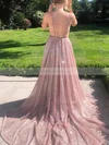 A-line V-neck Glitter Sweep Train Ruffles Prom Dresses #UKM020106556