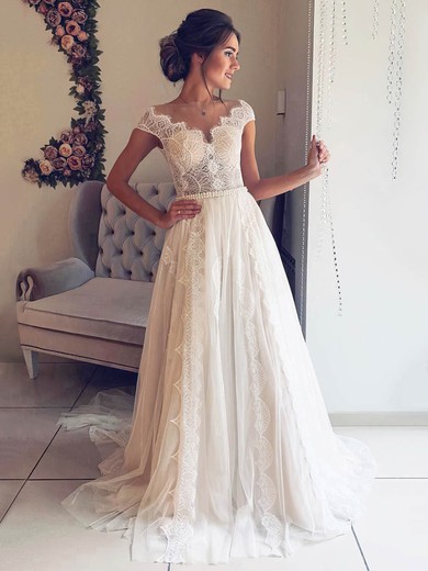 Ball Gown Illusion Lace Sweep Train Wedding Dresses With Pearl Detailing #UKM00023539