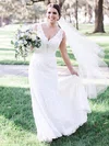 Sheath/Column V-neck Lace Sweep Train Wedding Dresses #UKM00023540