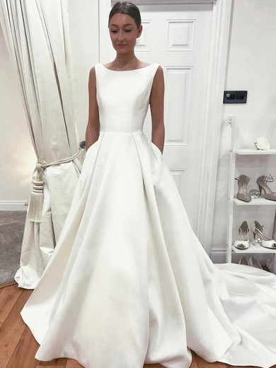 Ball Gown Scoop Neck Satin Sweep Train Wedding Dresses With Pockets #UKM00023541