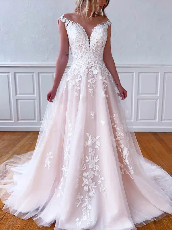Tulle V-neck Ball Gown Sweep Train Appliques Lace Wedding Dresses #UKM00023542