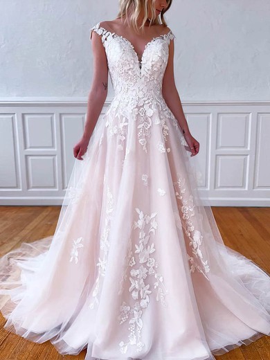 Ball Gown V-neck Tulle Sweep Train Wedding Dresses With Appliques Lace #UKM00023542