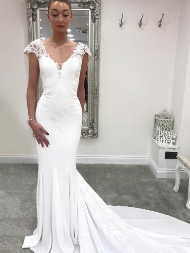 Trumpet/Mermaid V-neck Stretch Crepe Sweep Train Wedding Dresses With Appliques Lace #UKM00023543