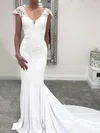 Trumpet/Mermaid V-neck Stretch Crepe Sweep Train Wedding Dresses With Appliques Lace #UKM00023543