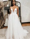 Satin Organza V-neck A-line Sweep Train Wedding Dresses #UKM00023544