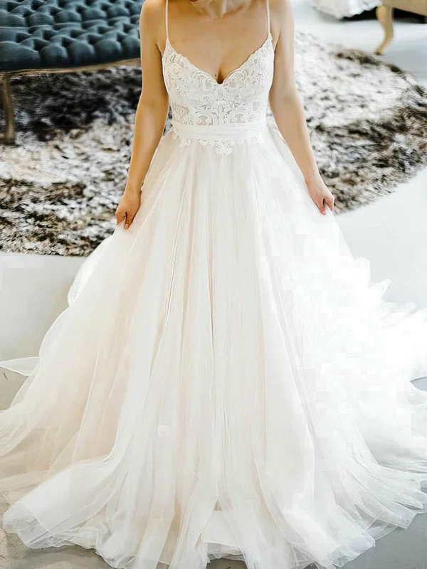 Ball Gown/Princess V-neck Tulle Sweep Train Wedding Dresses With Bow #UKM00023545