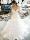 Lace Tulle V-neck Ball Gown Sweep Train Bow Wedding Dresses #UKM00023545
