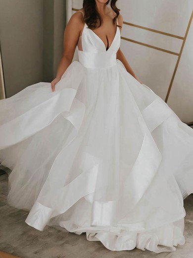 Ball Gown/Princess V-neck Organza Sweep Train Wedding Dresses With Cascading Ruffles #UKM00023546