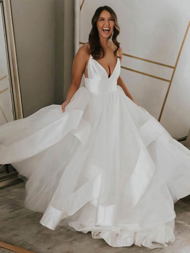 Satin Organza V-neck Ball Gown Sweep Train Wedding Dresses #UKM00023546