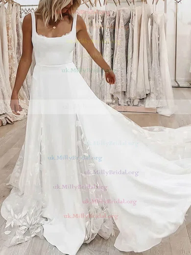 A line Square Neckline Stretch Crepe Sweep Train Wedding Dresses With Lace