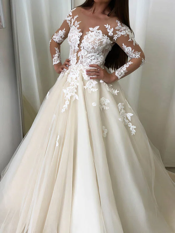 Ball Gown/Princess Illusion Tulle Sweep Train Wedding Dresses With Appliques Lace #UKM00023549