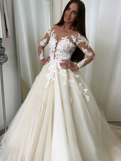 Ball Gown Illusion Tulle Sweep Train Wedding Dresses With Appliques Lace #UKM00023549