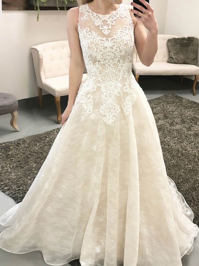 Ball Gown/Princess Illusion Lace Sweep Train Wedding Dresses With Appliques Lace #UKM00023550