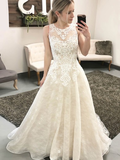 Ball Gown Illusion Lace Sweep Train Wedding Dresses With Appliques Lace #UKM00023550