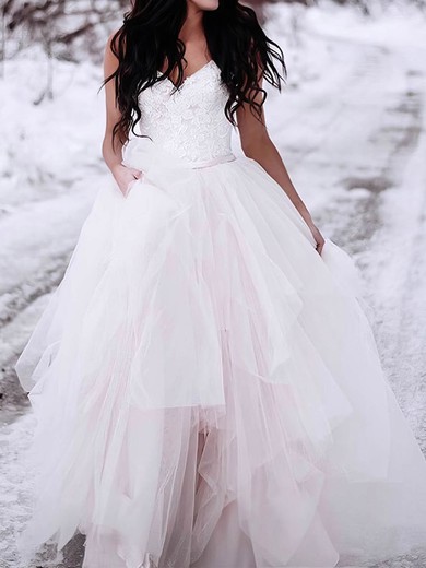 Ball Gown V-neck Tulle Floor-length Wedding Dresses With Appliques Lace #UKM00023551