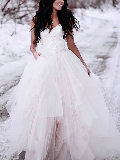 Ball Gown V-neck Tulle Floor-length Wedding Dresses With Appliques Lace #UKM00023551