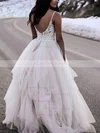 Tulle V-neck Ball Gown Floor-length Appliques Lace Wedding Dresses #UKM00023551