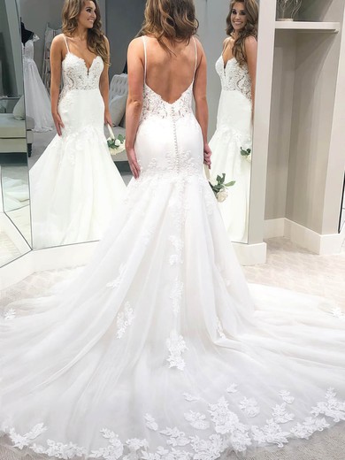 Trumpet/Mermaid V-neck Tulle Sweep Train Wedding Dresses With Appliques Lace #UKM00023552