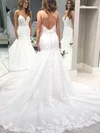 Tulle V-neck Trumpet/Mermaid Sweep Train Appliques Lace Wedding Dresses #UKM00023552