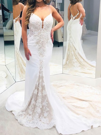 Trumpet/Mermaid V-neck Lace Stretch Crepe Court Train Wedding Dresses With Appliques Lace #UKM00023553