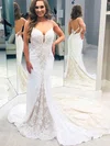 Lace Stretch Crepe V-neck Trumpet/Mermaid Court Train Appliques Lace Wedding Dresses #UKM00023553