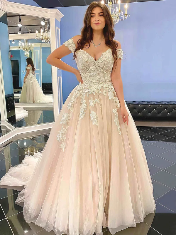Ball Gown Off-the-shoulder Tulle Sweep Train Wedding Dresses With Appliques Lace #UKM00023555