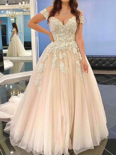 Ball Gown/Princess Off-the-shoulder Tulle Sweep Train Wedding Dresses With Appliques Lace #UKM00023555