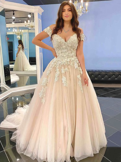 Tulle Off-the-shoulder Ball Gown Sweep Train Appliques Lace Wedding Dresses #UKM00023555