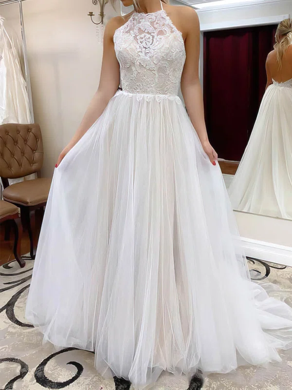 A-line Halter Tulle Sweep Train Wedding Dresses With Lace #UKM00023556