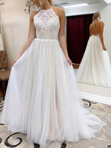 A-line Halter Tulle Sweep Train Wedding Dresses With Lace #UKM00023556