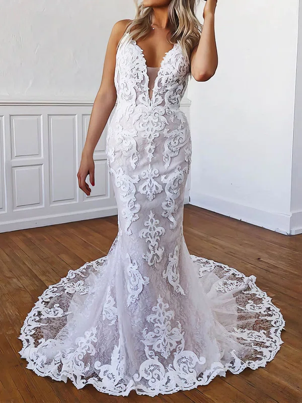 Trumpet/Mermaid V-neck Lace Sweep Train Wedding Dresses With Appliques Lace #UKM00023557