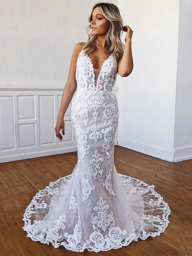 Trumpet/Mermaid V-neck Lace Sweep Train Wedding Dresses With Appliques Lace #UKM00023557