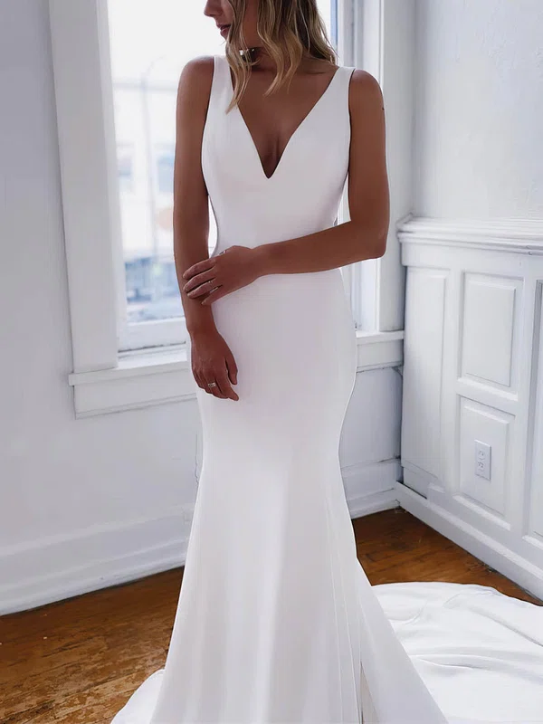 Trumpet/Mermaid V-neck Stretch Crepe Sweep Train Wedding Dresses With Buttons #UKM00023558
