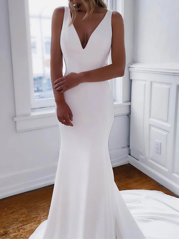 Trumpet/Mermaid V-neck Stretch Crepe Sweep Train Wedding Dresses With Buttons #UKM00023558