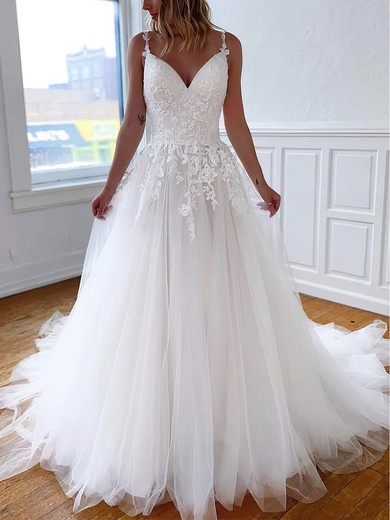Ball Gown V-neck Tulle Sweep Train Wedding Dresses With Appliques Lace #UKM00023560