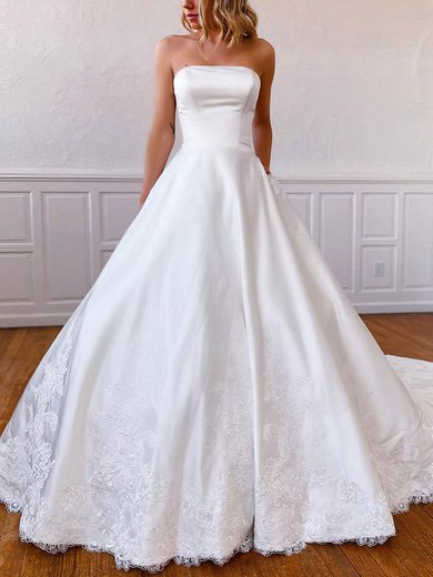 Satin Strapless Ball Gown Chapel Train Appliques Lace Wedding Dresses #UKM00023561