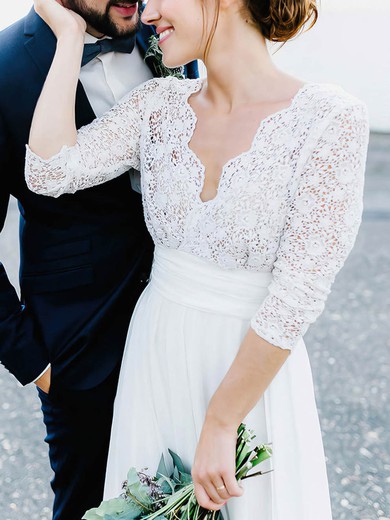 A-line V-neck Lace Chiffon Floor-length Wedding Dresses With Ruffles #UKM00023564