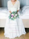 Lace Chiffon V-neck A-line Floor-length Ruffles Wedding Dresses #UKM00023564