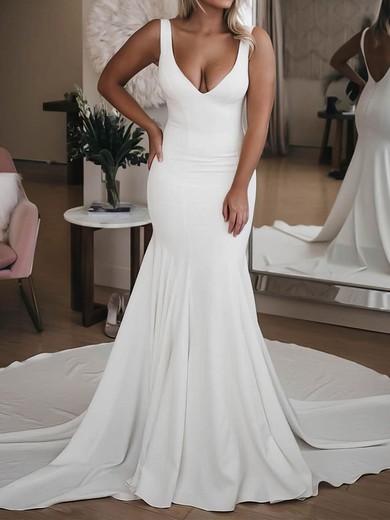 Trumpet/Mermaid V-neck Stretch Crepe Sweep Train Wedding Dresses #UKM00023568