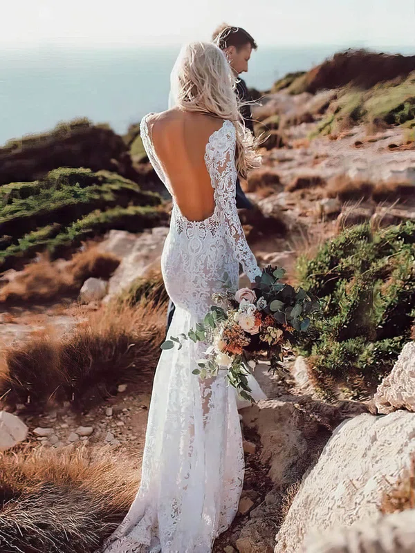 Lace V-neck Trumpet/Mermaid Sweep Train Lace Wedding Dresses #UKM00023572