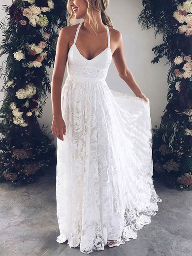 A-line V-neck Lace Sweep Train Wedding Dresses #UKM00023410