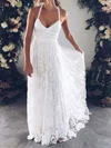 A-line V-neck Lace Sweep Train Wedding Dresses #UKM00023410