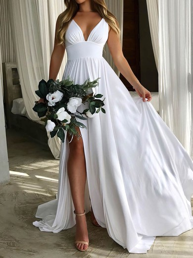 A-line V-neck Silk-like Satin Sweep Train Wedding Dresses With Split Front #UKM00023482