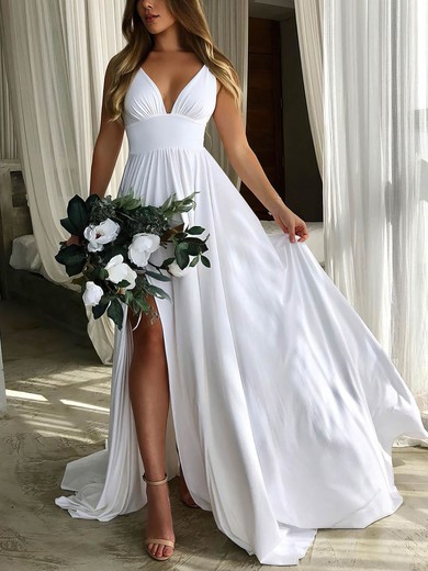 Silk-like Satin V-neck A-line Sweep Train Split Front Wedding Dresses #UKM00023482