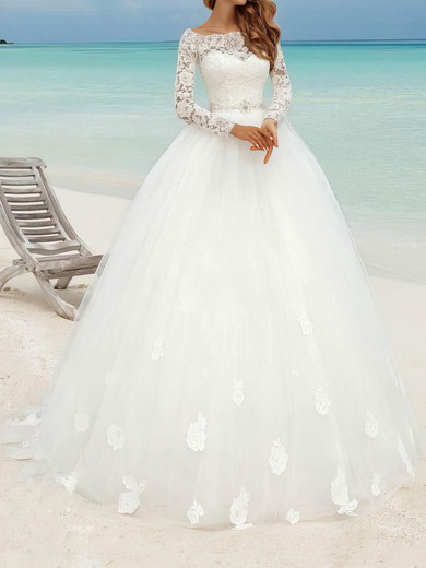 Ball Gown/Princess Illusion Tulle Floor-length Wedding Dresses With Flower(s) #UKM00023483