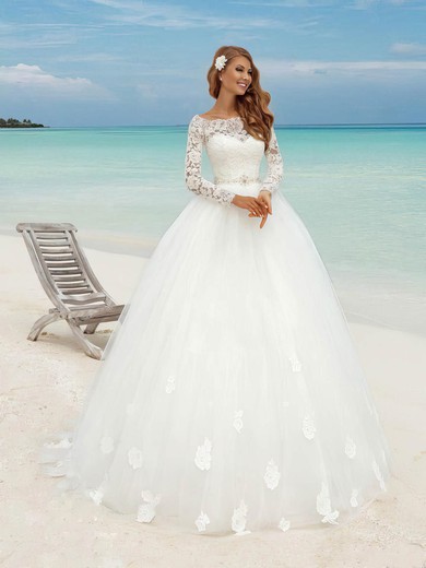 Ball Gown Illusion Tulle Floor-length Wedding Dresses With Flower(s) #UKM00023483