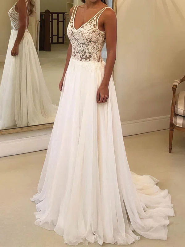 A-line V-neck Chiffon Sweep Train Wedding Dresses With Appliques Lace #UKM00023484